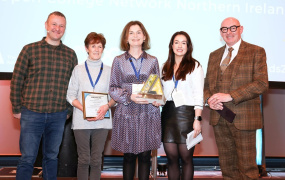 Comedian PJ Gallagher, MC of the AONTAS STAR Awards; Kitty Noonan, EAL volunteer with the EDNIP English Conversation Club; Lisa Martin, EDNIP Project Leader; Niamh McGoldrick, Open College Network Northern Ireland (OCN NI) and AONTAS Chair, John D’Arcy.