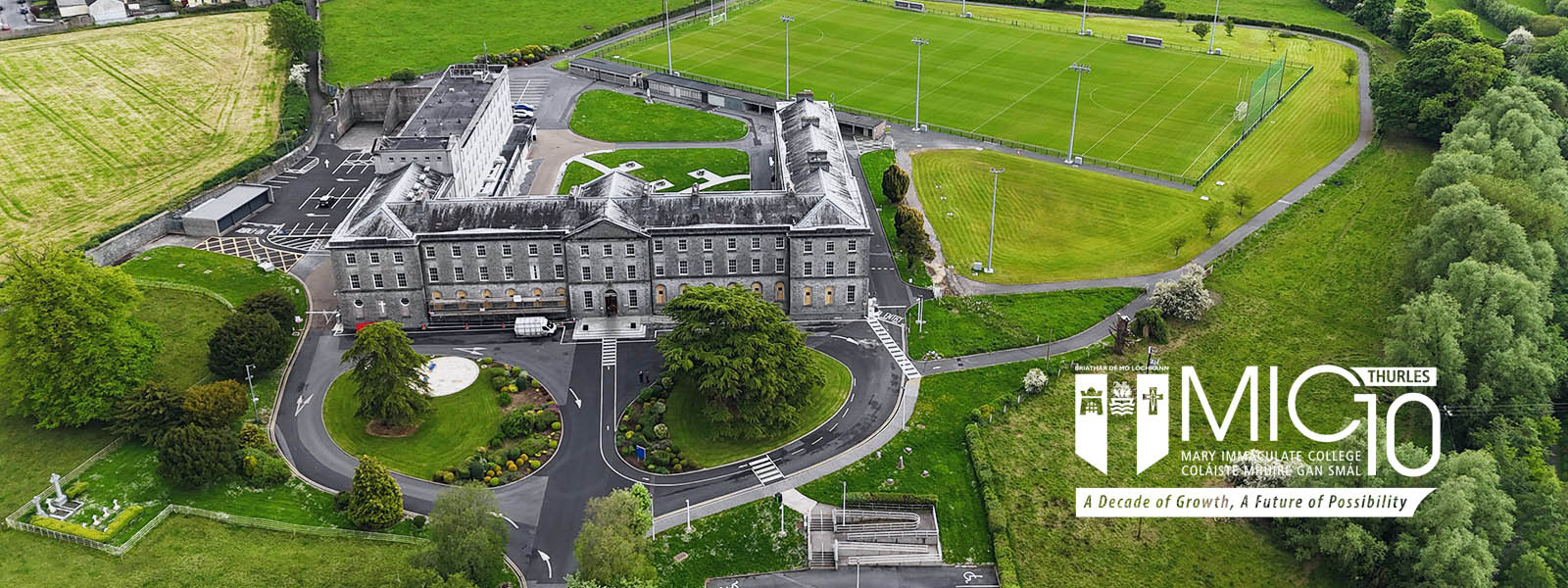 Aerial shot of MIC Thurles campus with Thurles10 logo overlaid