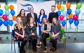 Five students from MIC pictured with Aisling Cusack, President of MISU, Professor Eugene Wall, President of MIC and Professor Niamh Hourigan, Vice-President of Academic Affairs at MIC