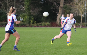 Two ladies football players pass the ball to each other on the pitch 