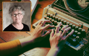 Garry Hynes headshot inset on photo of woman typing on typewriter to promote   Irish Women Writers’ Network Virtual Symposium