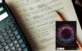 Stock photo of page of maths problems with book cover of MIghTY Maths by Dr Ronan Flatley superimposed on it