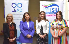 Dr Geraldine Brosnan, Director of Student LIfe, Professor Niamh Hourigan, Vice-President of Academic Affairs at MIC, Dr Laura Costelloe, Assistant Professor in Academic Practice within the Learning Enhancement and Academic Development Centre; Aoife Gleeson, President of Mary Immaculate Students' Union (MISU) standing in front of a LEAD and MISU banner 