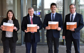 President of MISU, Aoife Gleeson; President of MIC, Professor Eugene Wall; Architect Cathal Quinn; Vice-President of Administration and Finance, Michael Keane all pictured holding the masterplan