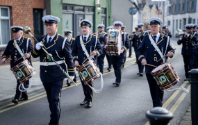 St Mary's Marching band march down a Limerick street before the launch