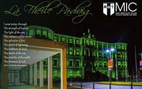 Foundation Building, Mary Immaculate College lit up in green at night for St Patrick's Day