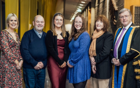 Catherine and Roisin pictured with Ashling's parents and Professor Eugene Wall and INTO President Dorothy McGinley