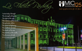 Foundation Building, Mary Immaculate College lit up in green at night for St Patrick's Day