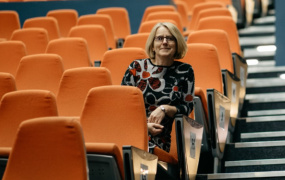 Louise Donlon sitting in the Lime Tree Theatre