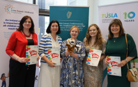 MIC academics Dr Suzanne Egan, Dr Jennifer Pope, Dr Mary Moloney, Mai Burke Hayes and Deirdre Breathnach pictured at the launch of the first independent evaluation of Early Talk Boost. Dr Moloney is holding 'Tizzy', a character from the Jake and Tizzy books which are a key resource used in implementing the programme with young children.