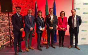 (from left to right): Dr Loïc Guyon (Honorary Consul of France and Head of the Department of French Studies at MIC), Dr Liam Chambers (Head of the Department of History at MIC), Ms Eileen O’Connor (other awardee), Mr John Moran (Mayor of Limerick), Her Excellency Céline Place (Ambassador of France to Ireland) and Dr Michael G. Kelly (other awardee).