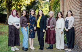 Pictured standing together in a row. MISU President Nat Horan, Postgrad Student Community Organiser Nicole Costa de Almeida, Director of Teaching and Learning Dr Katherine Whitehurst, Vice-President of Academic Affairs Niamh Hourigan, Director of Student Life Dr Geraldine Brosnan, Postgrad Learning Rep Ngan Giang Phung and Assistant Professor of Academic Practice Dr Laura Costelloe