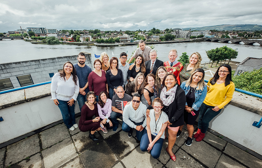 Mayor of Limerick City and County Council, Michael Sheahan, pictured with teachers from Brazil and MIC President, Prof. Eugene Wall, at Limerick City Hall.
