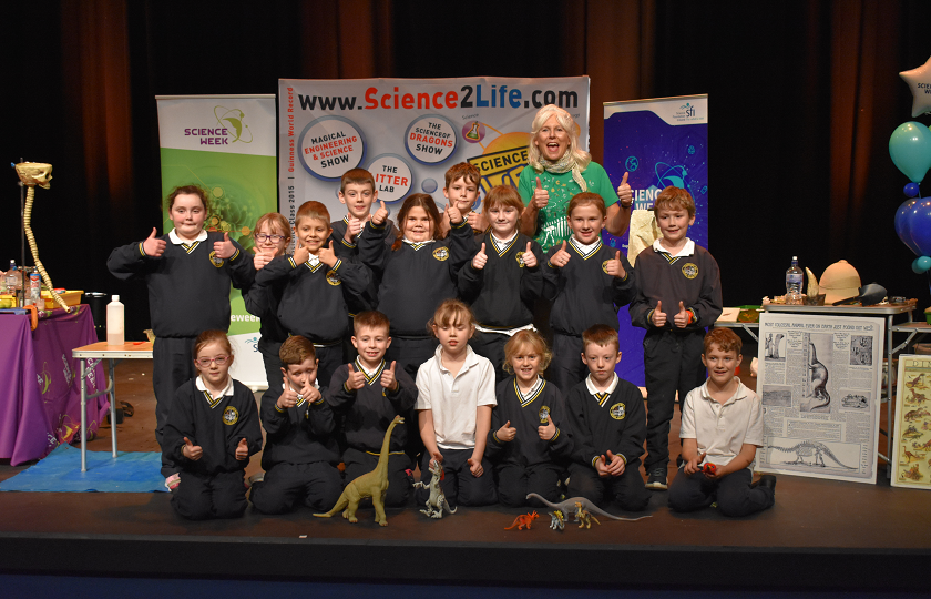 Scientific Sue pictured with pupils from Tuamgraney National School at the launch of Science Week at MIC