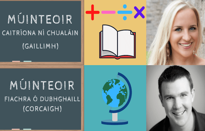 Cúla4 ar Scoil graphic with múintóirí / teachers Caitríona Ní Chualáin & Fiachra Ó Dubhghaill