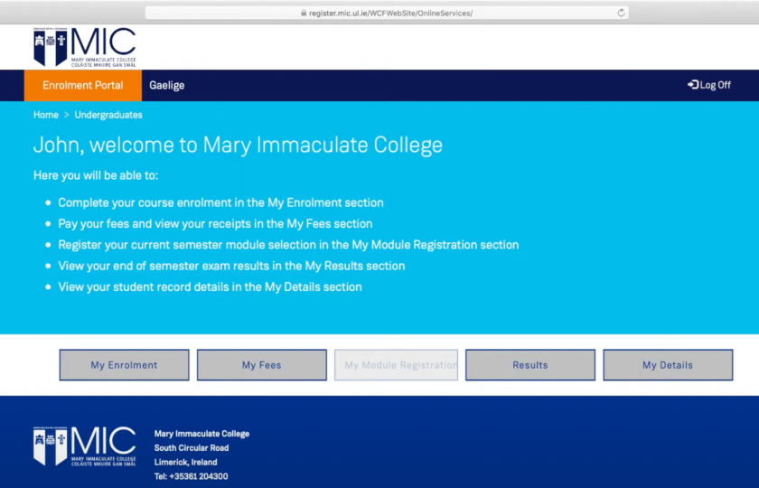 Online enrolment portal screenshot
