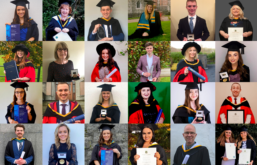 Collage of MIC students pictured in their graduation gowns holding parchments or awards