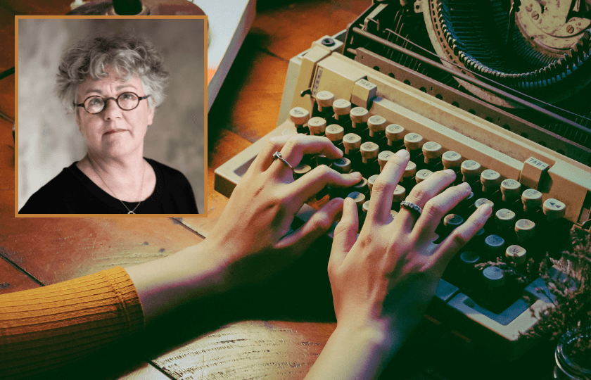 Garry Hynes headshot inset on photo of woman typing on typewriter to promote   Irish Women Writers’ Network Virtual Symposium