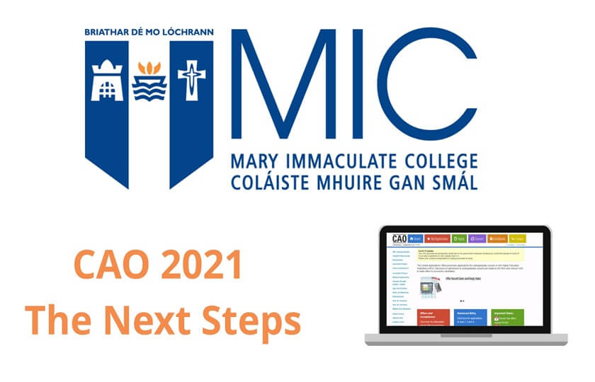 MIC logo with CAO 2021 The Next Steps in text and a graphic of a laptop with the CAO website displayed on it