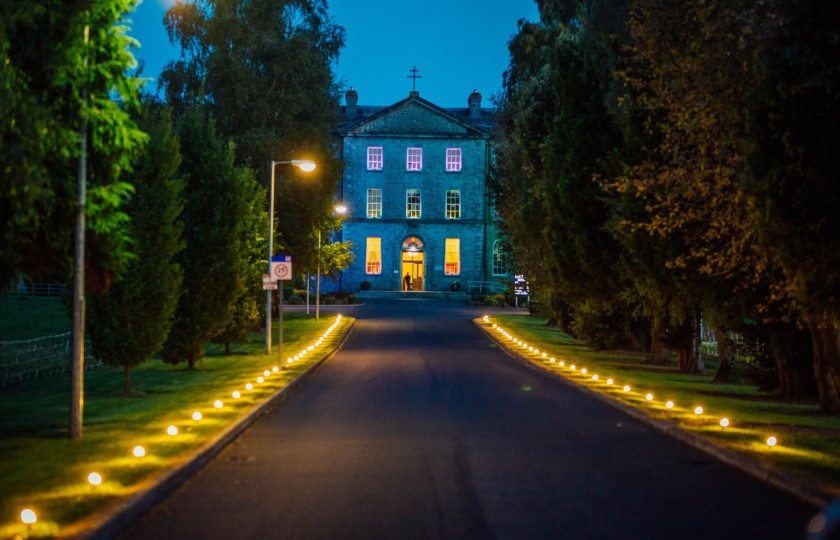 The main building of MIC Thurles illuminated by lights