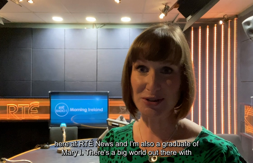 MIC Alumna and RTE Broadcaster Petula Martyn, standing in the RTE Morning Ireland studio