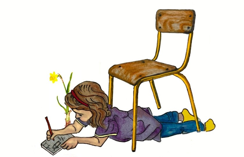 Drawing of girl colouring on the floor beside a wooden chair 