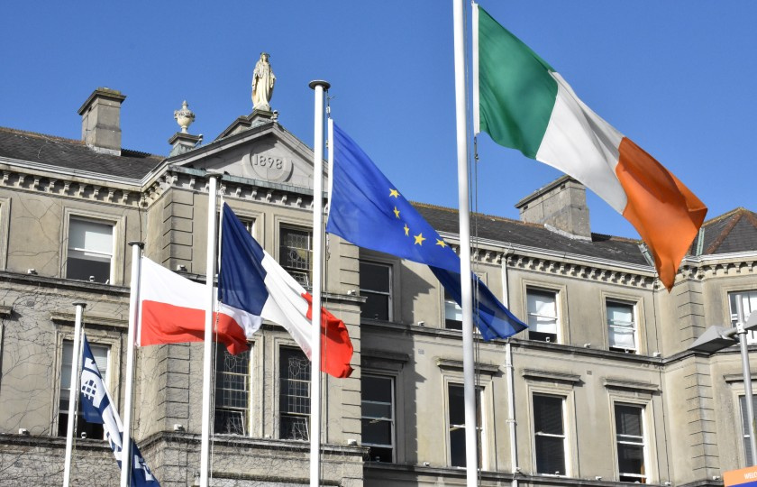 European flags flying outside MIC