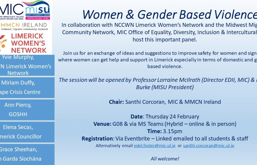 Poster for Women & Gender-Based Violence event on 24 February 2022