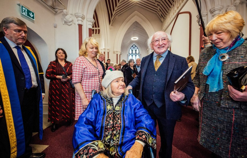 Imogen (centre) with President Higgins, Sabina Higgins (both left), her daughter Aisling, and President of MIC, Professor Eugene Wall