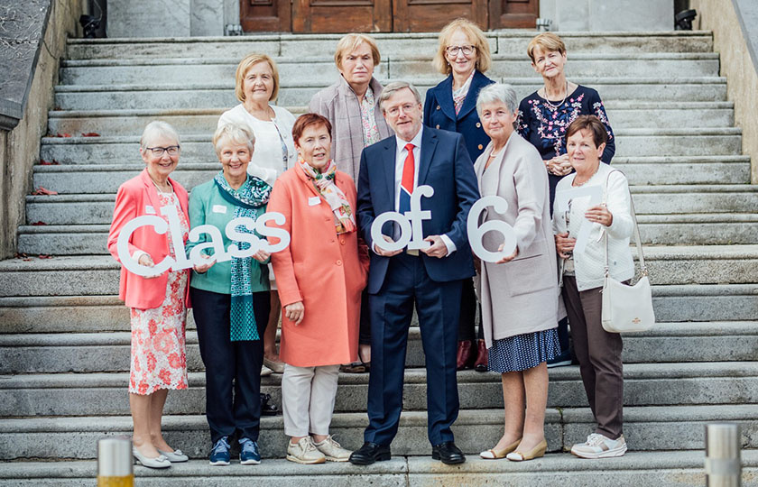 1967 class group pictured on the steps outside MIC Limerick Foundation Building at MIC Alumni Reunion 2022.
