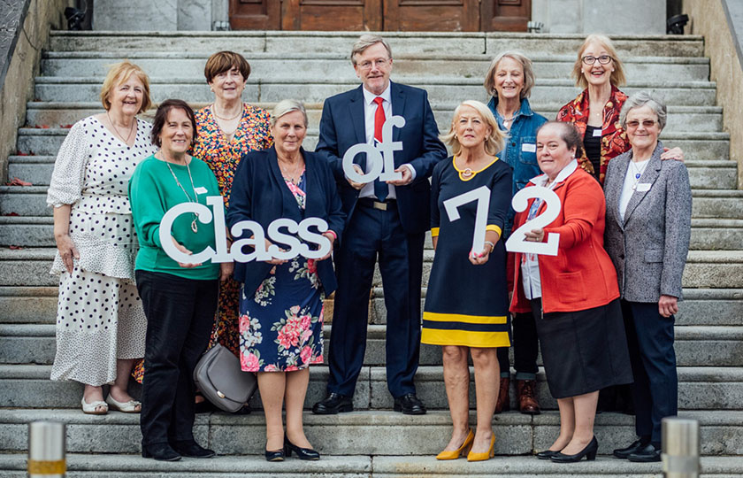 1972 class group pictured on the steps outside MIC Limerick Foundation Building at MIC Alumni Reunion 2022.