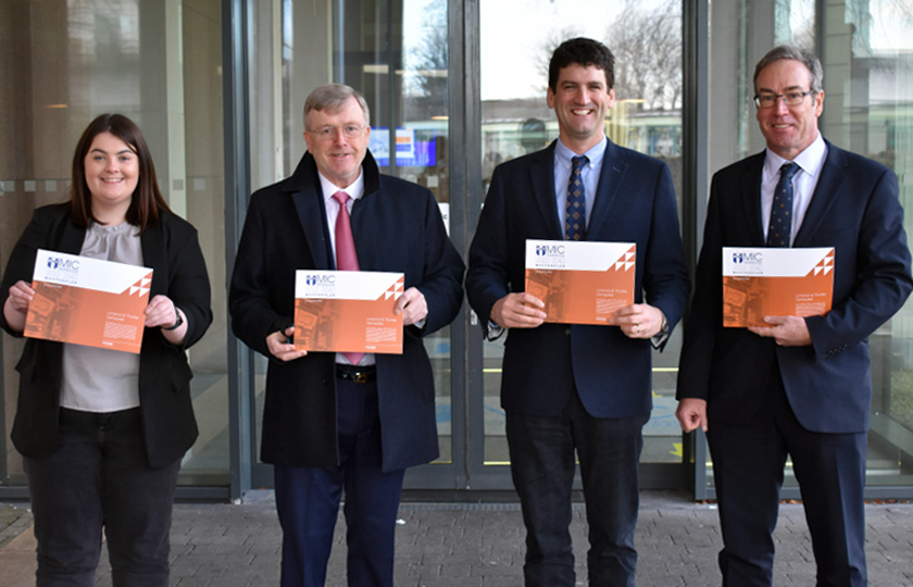 President of MISU, Aoife Gleeson; President of MIC, Professor Eugene Wall; Architect Cathal Quinn; Vice-President of Administration and Finance, Michael Keane all pictured holding the masterplan