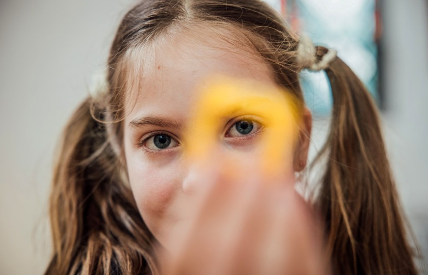 Elizabete Atajeva of Our Lady of Lourdes National School, Limerick looks through a toy brick