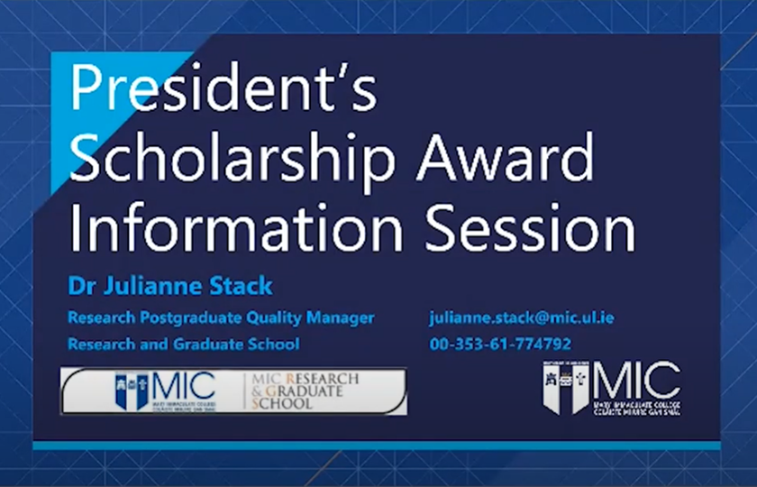 Information slide showing details of the President's Scholarship Award video.