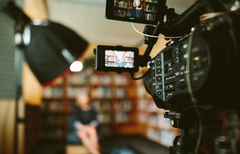 Video camera in front of interview subject