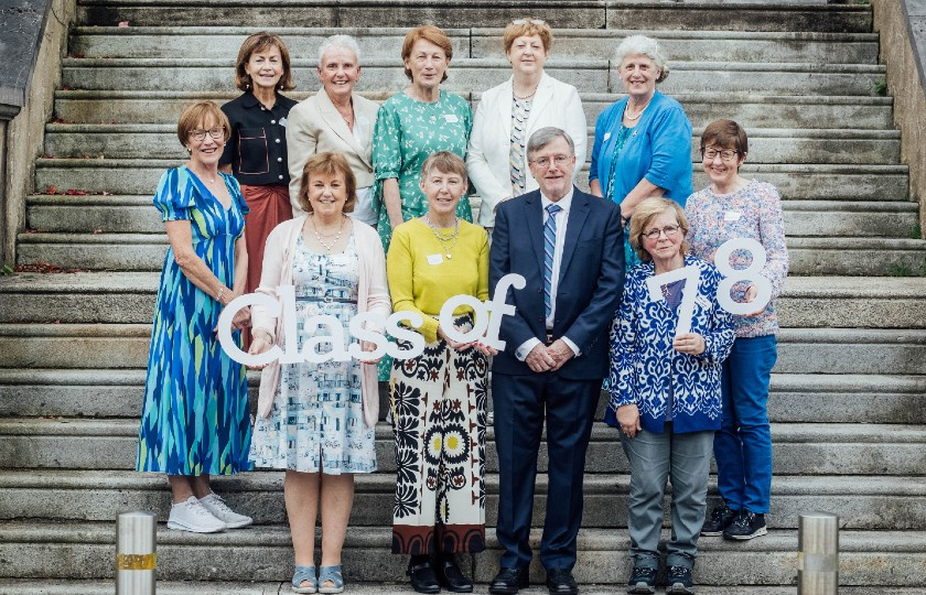 1978 class group pictured on the steps outside MIC Limerick Foundation Building at MIC Alumni Reunion 2023.