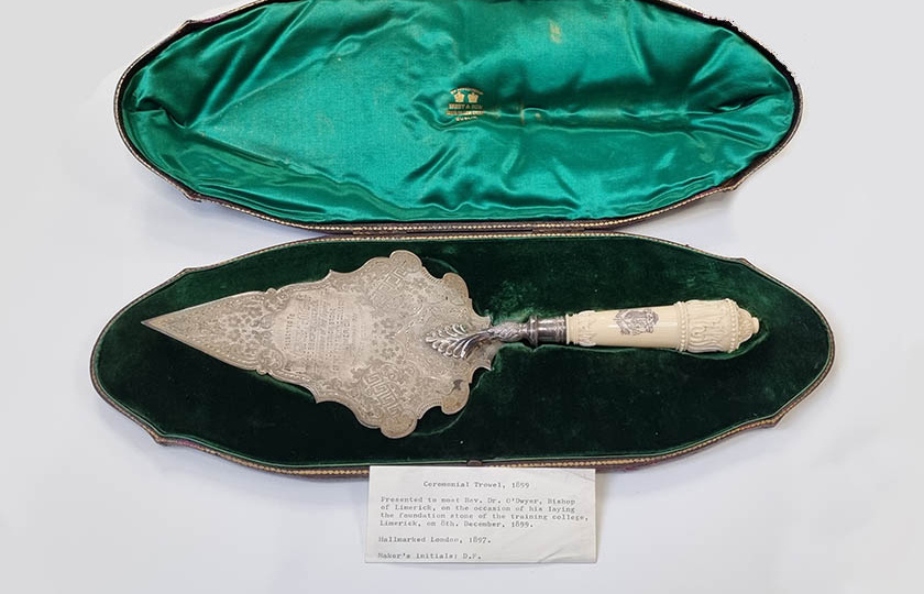 College foundation commemorative silver trowel in presentation box.