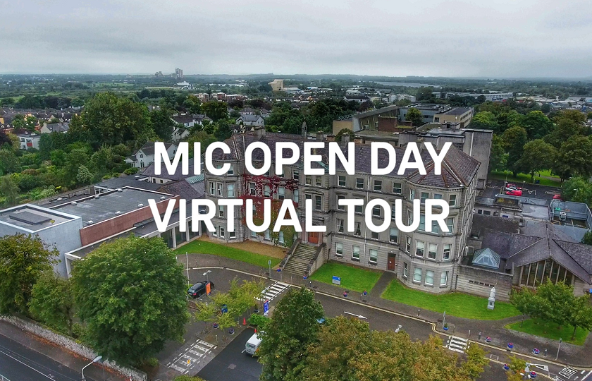 Aerial photo of MIC campus with text overlay MIC Open Day Virtual Tour.