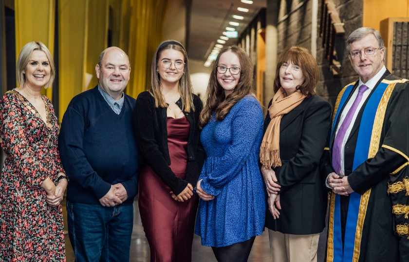 Catherine and Roisin pictured with Ashling's parents and Professor Eugene Wall and INTO President Dorothy McGinley