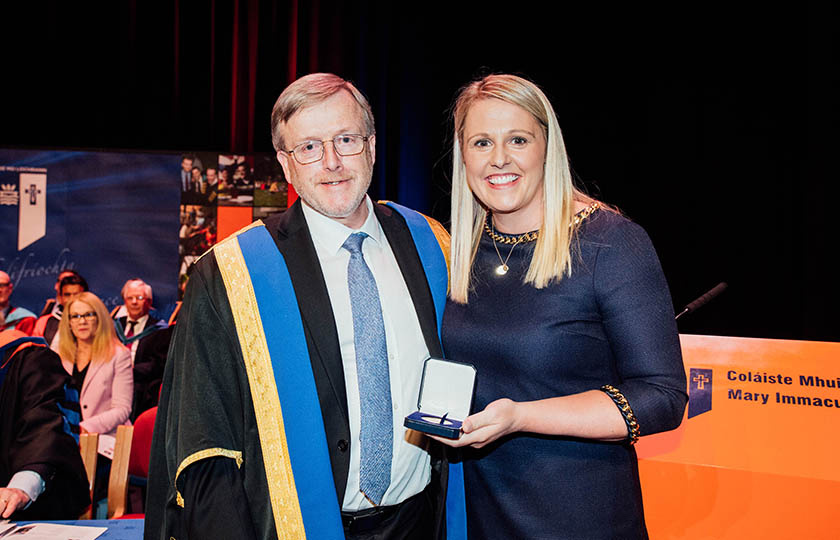 Jacqui Hurley with Professor Eugene Wall at the MIC Alumni Awards 2018.