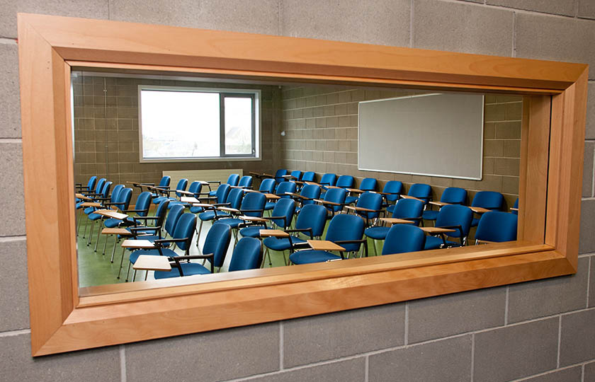 View of a classroom through a window in TARA building