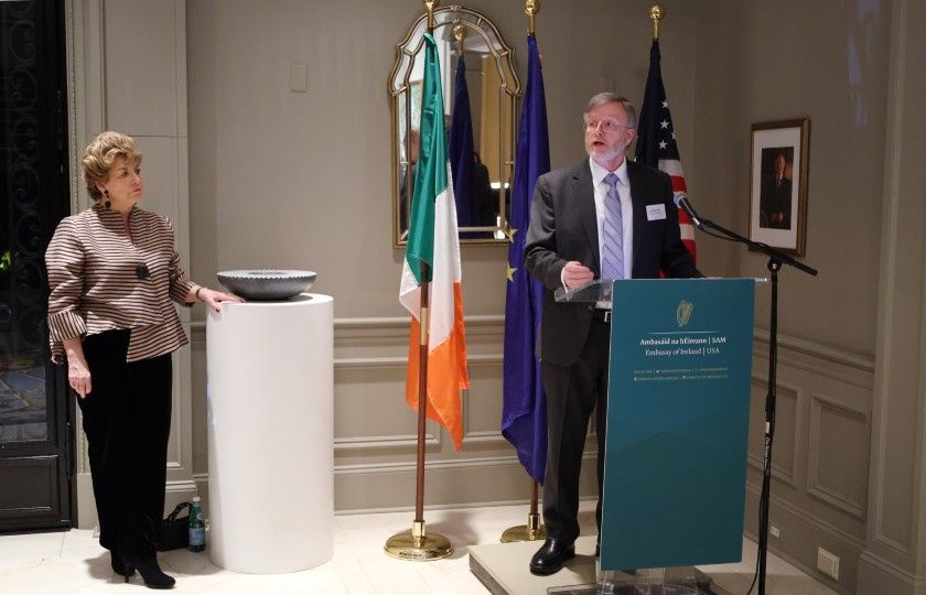 President Eugene Wall speaking beside the Ambassador of Ireland to the USA