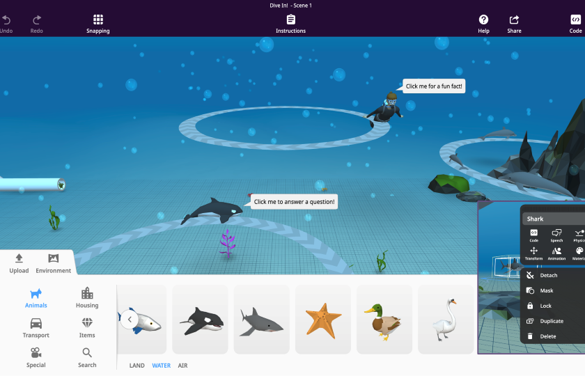 This image shows the Delightex platform that learners use to design and build their VR environments. As can be seen in the image, the interface is user-friendly, with an extensive library of items which can be dragged and dropped into the scene, before being animated, resized, rotated, etc. This straight-forward design makes Delightex and ideal platform to use those who are completely new to using and creating VR.