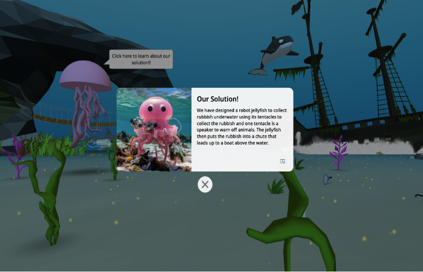This example of a group’s solution to plastic pollution features in one of their VR story scenes to provide the user with a high-quality visual and a written description of how they would address this challenge.