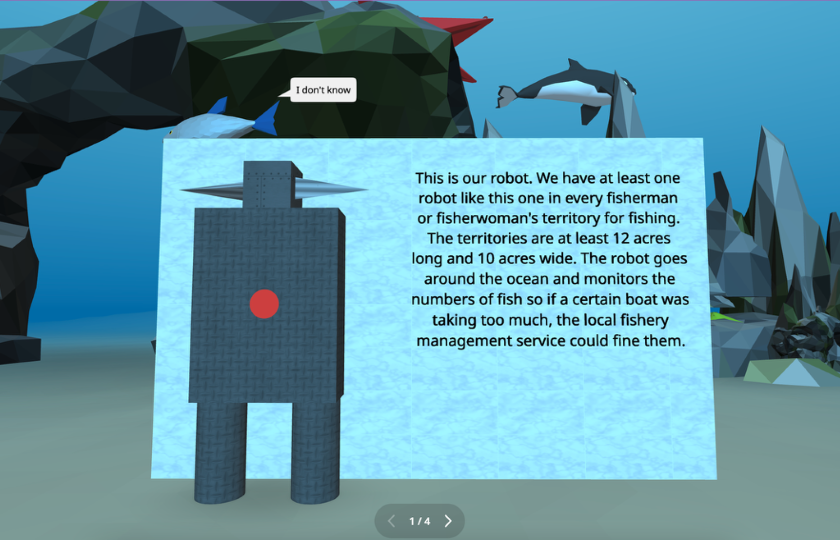 a group’s solution to overfishing features a 3D model that they built, using 3D building blocks, and coded within Delightex.