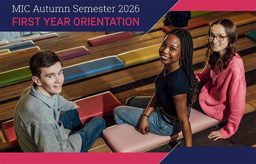 Orientation slider graphic of 3 students on the steps in the TARA building