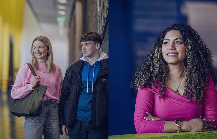 Two images joined together of a postgraduate student and two undergraduate students looking to the left