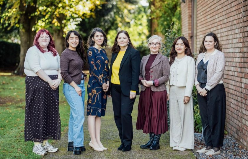 Pictured standing together in a row. MISU President Nat Horan, Postgrad Student Community Organiser Nicole Costa de Almeida, Director of Teaching and Learning Dr Katherine Whitehurst, Vice-President of Academic Affairs Niamh Hourigan, Director of Student Life Dr Geraldine Brosnan, Postgrad Learning Rep Ngan Giang Phung and Assistant Professor of Academic Practice Dr Laura Costelloe