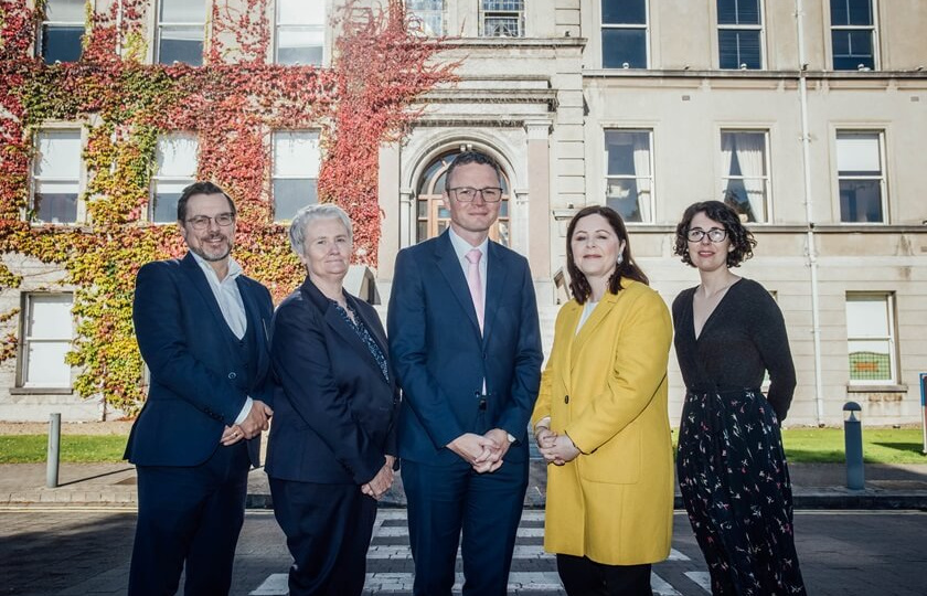 Dr Ross Woods, HEA, Prof. Marie Clarke, Chairperson of the HEA Student Engagement, Minister for Further and Higher Education, Research, Innovation and Science, Patrick O'Donovan TD; Prof. Niamh Hourigan, Acting President of MIC and Dr Katherine Whitehurst, Director of Teaching and Learning at MIC outside MIC