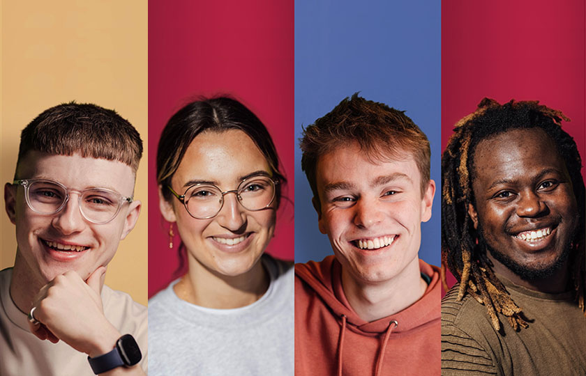 Four undergraduate students against different colour backgrounds